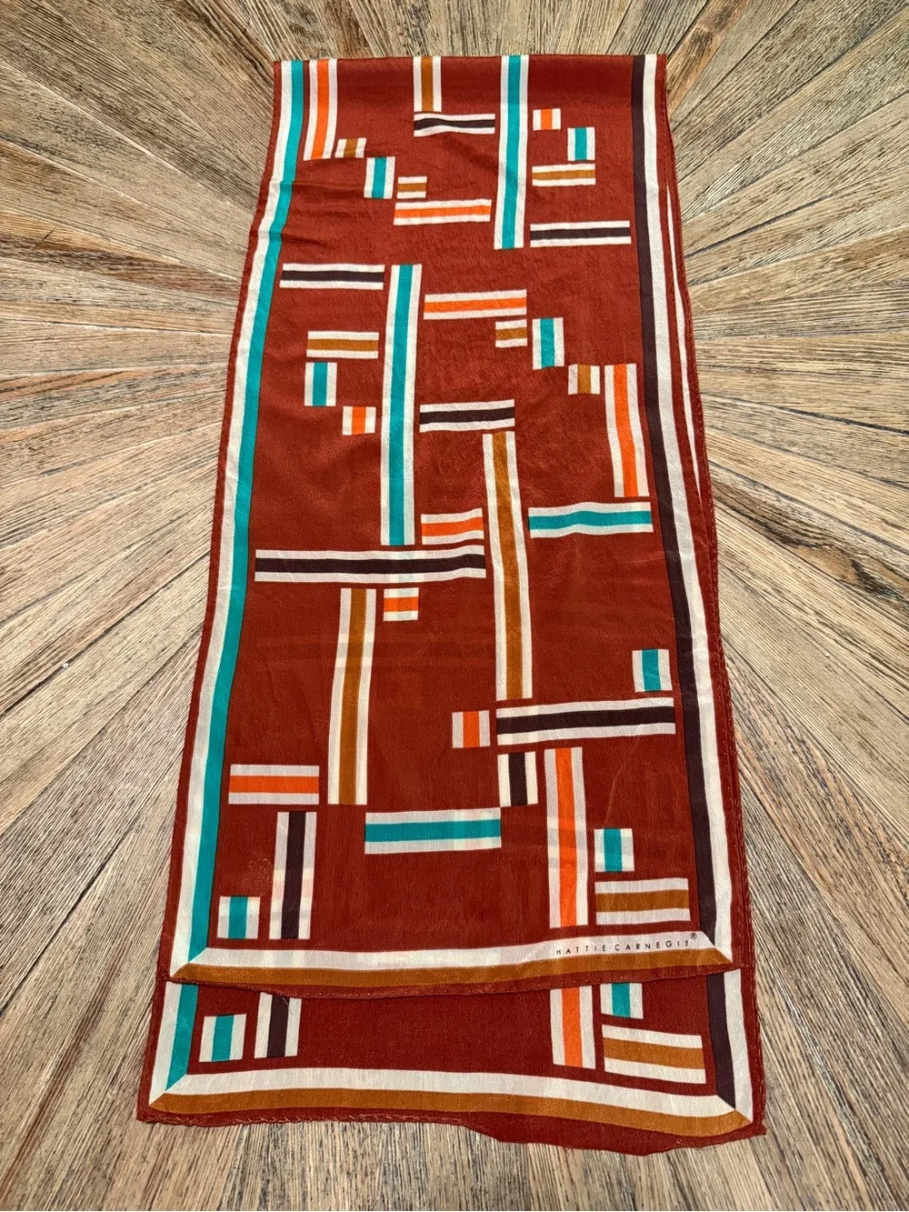 Vintage Hattie Carnegie Silk Scarf Mod Geometric Rust Orange MCM Fall color